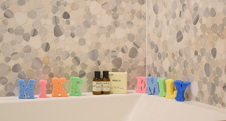 colorful bath sponges in the shower