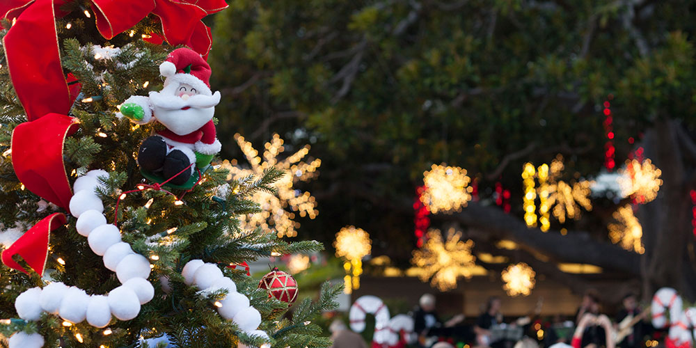 close up of a Santa ornament on a Christmas Tree