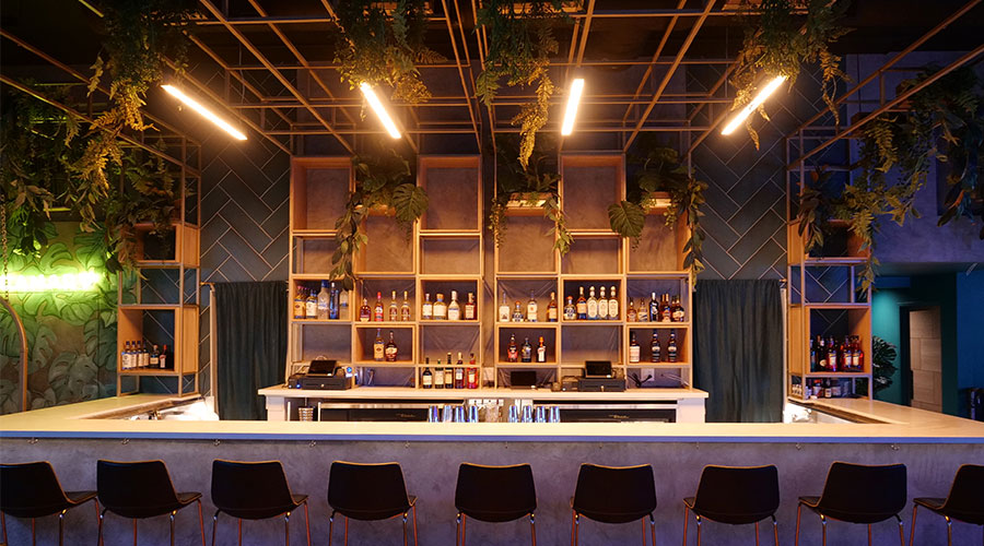 bar with black stools