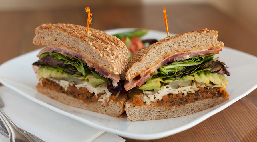 close up of a sandwich cut in half