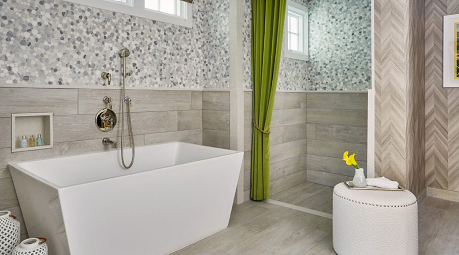 bathroom with green curtains