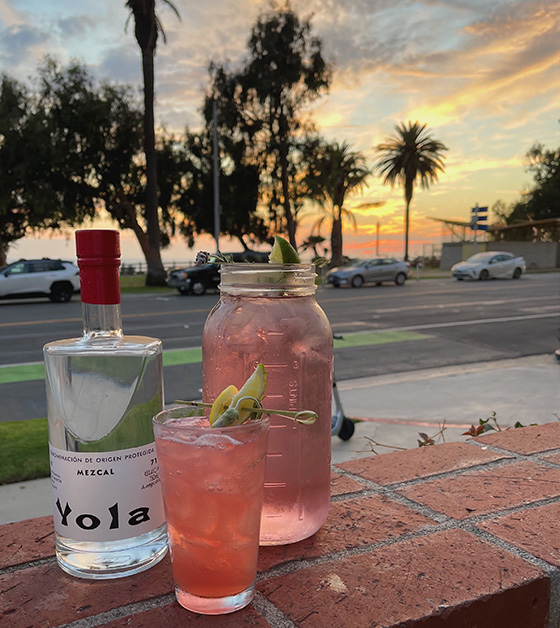 gin and two cocktails on a brick wall with the sun setting in the background