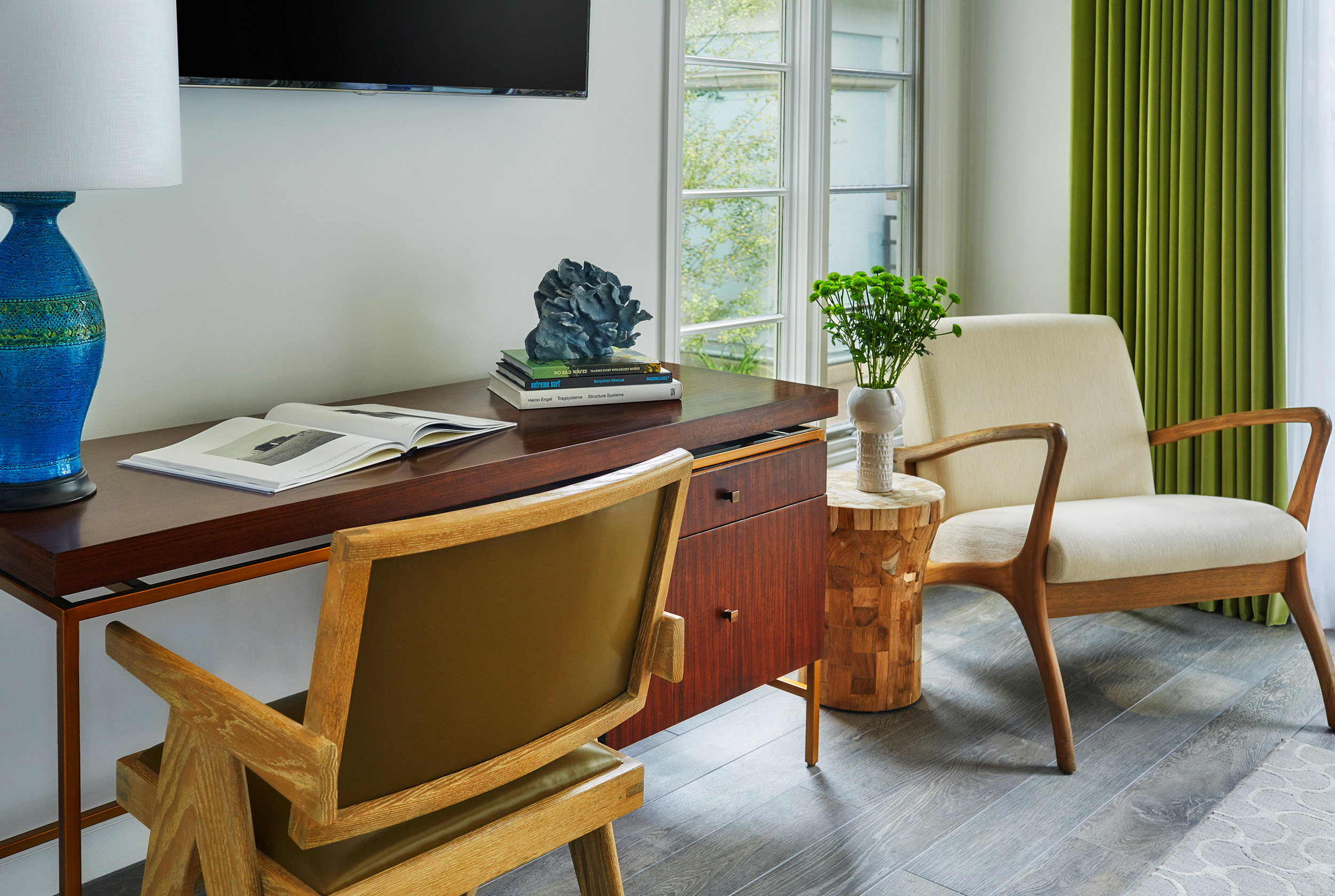a desk with books on it