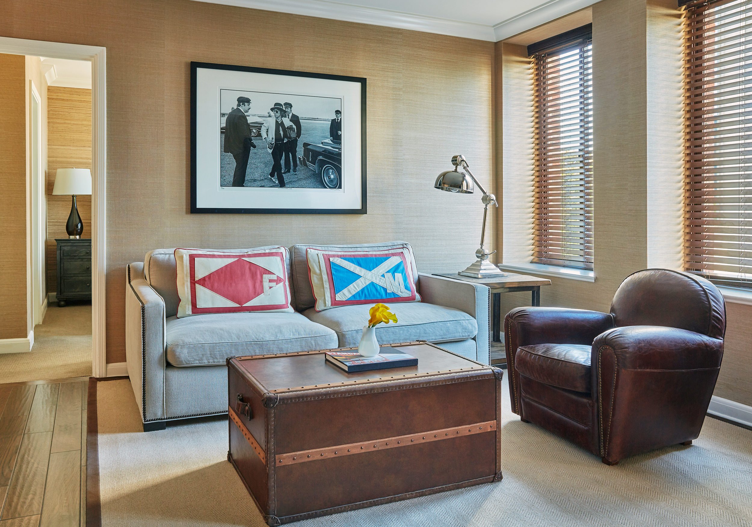 living room with blinds down