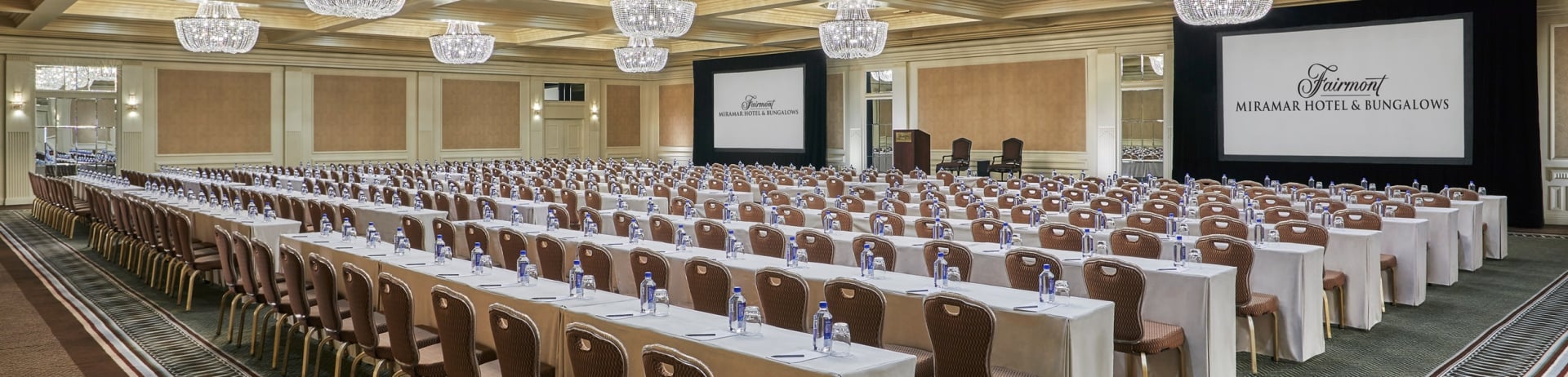 Ballroom with tables organized in rows.