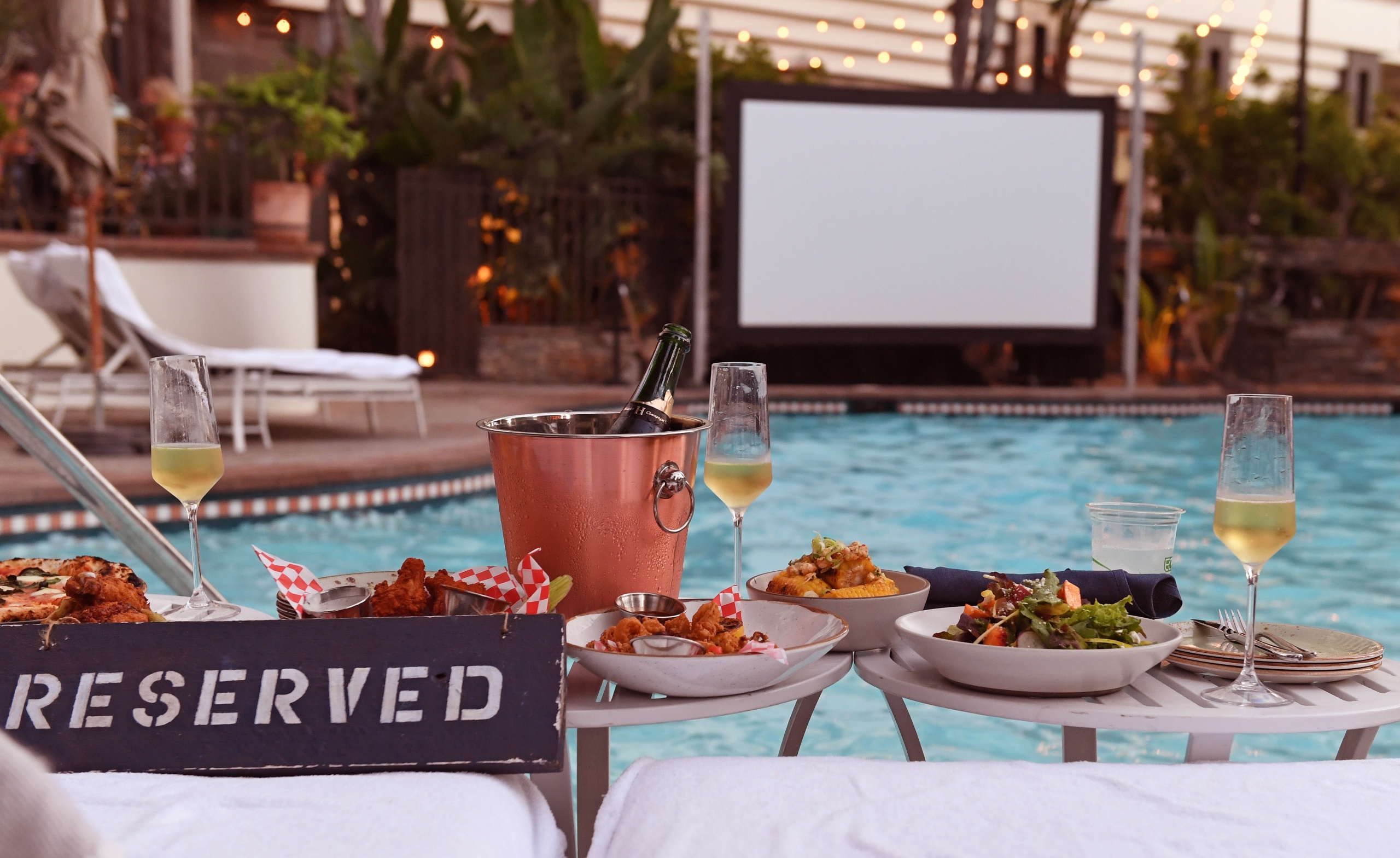 poolside cinema food and screen