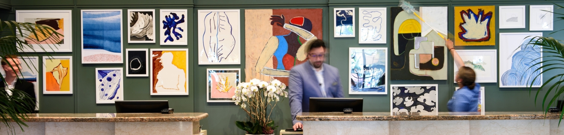 art wall behind front desk