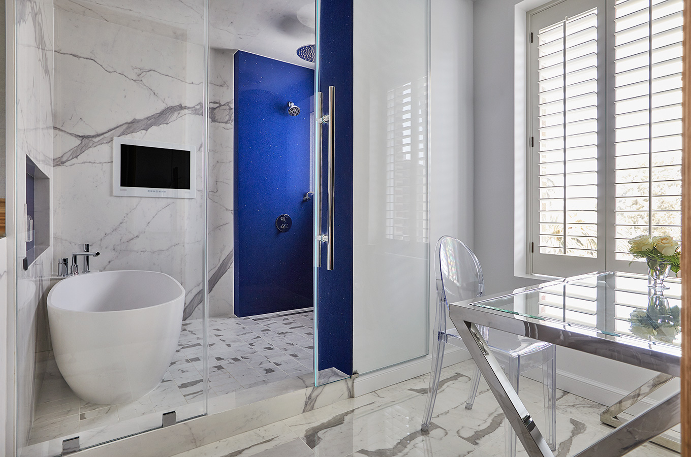 marble bathroom with a soaking tub and full walk-in shower