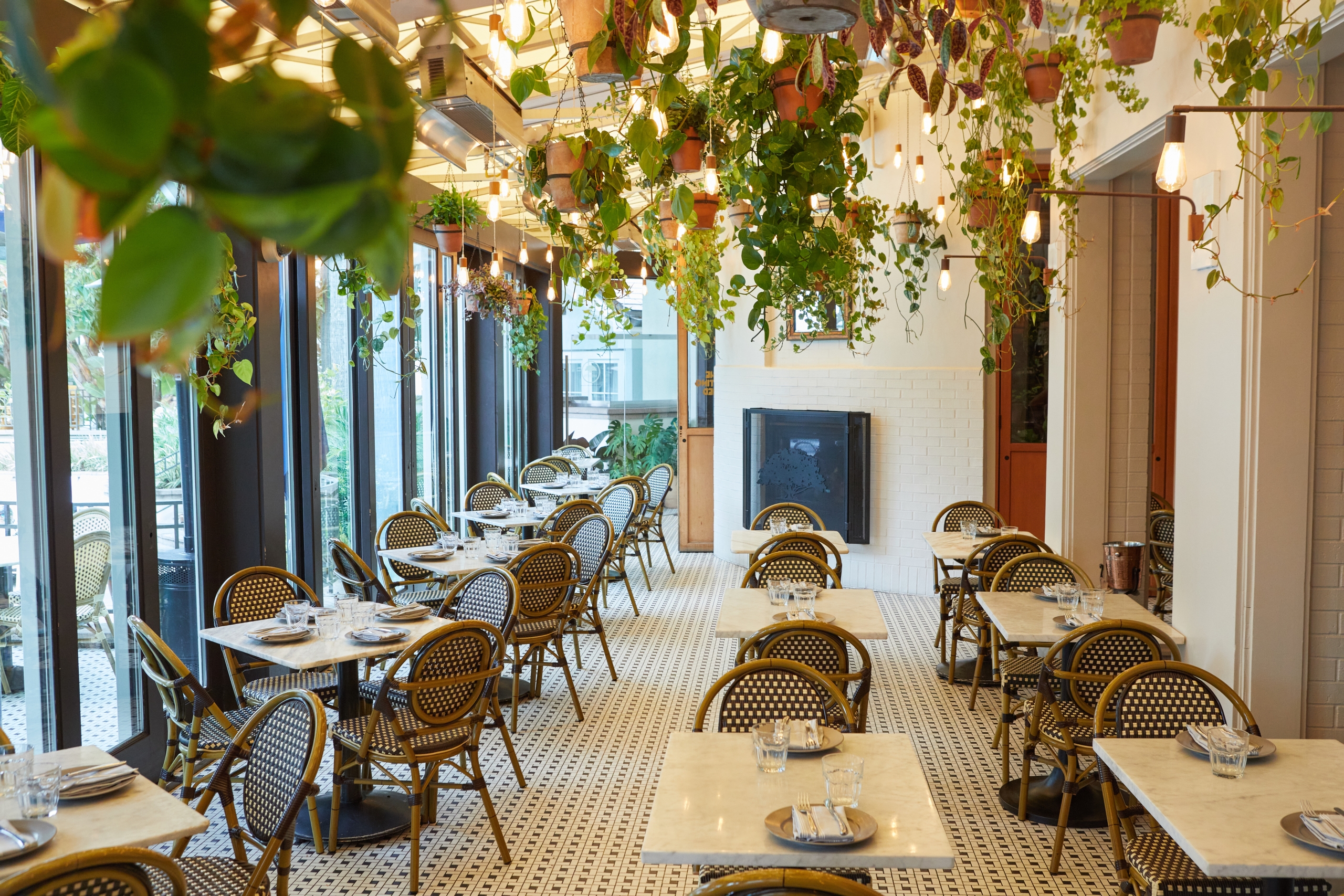 atrium of restaurant with hanging plants
