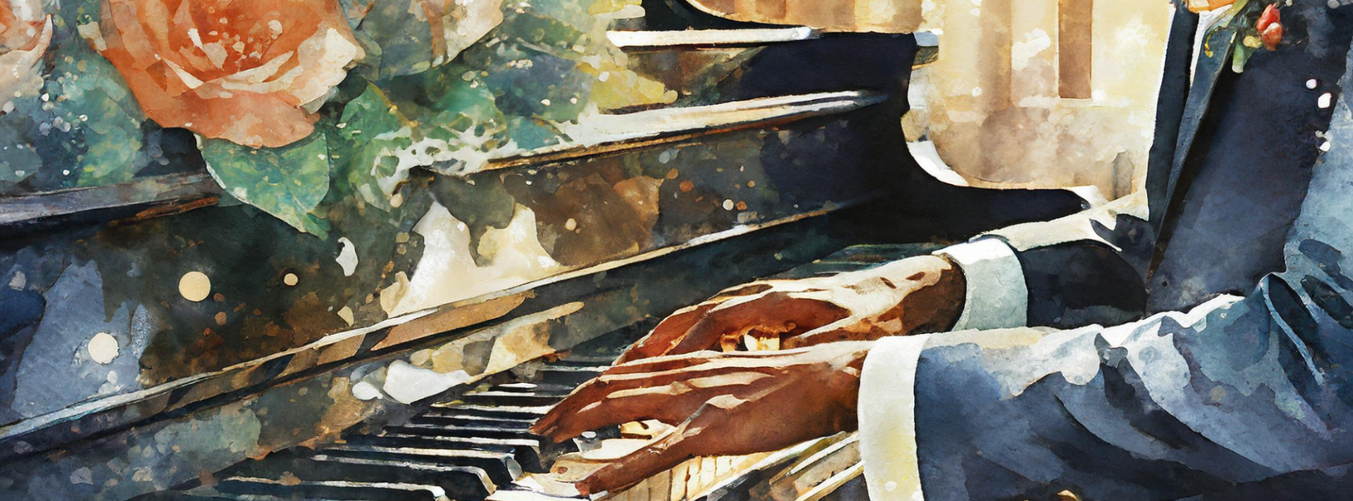 a watercolor art of a man playing the piano