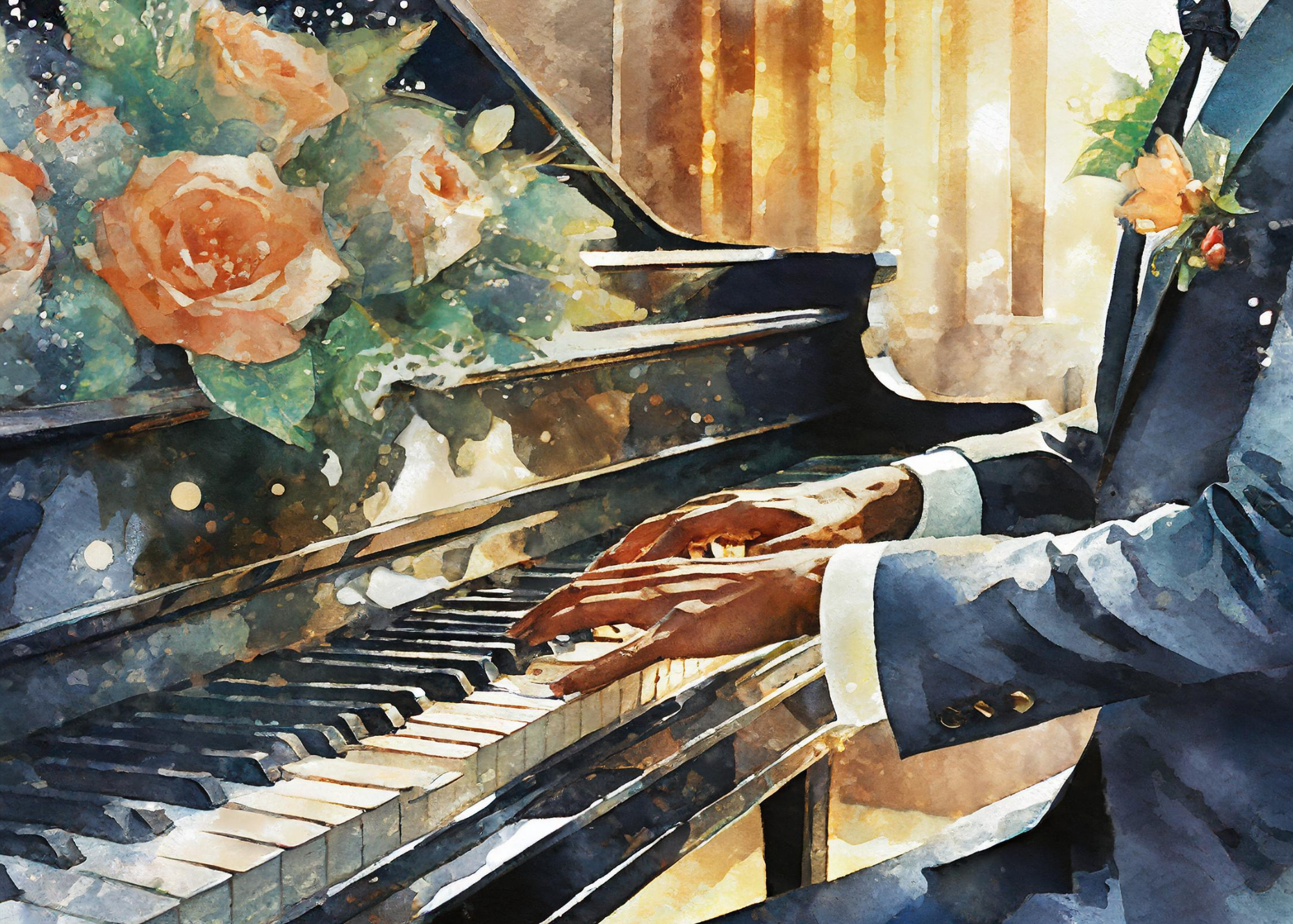 a watercolor art of a man playing the piano