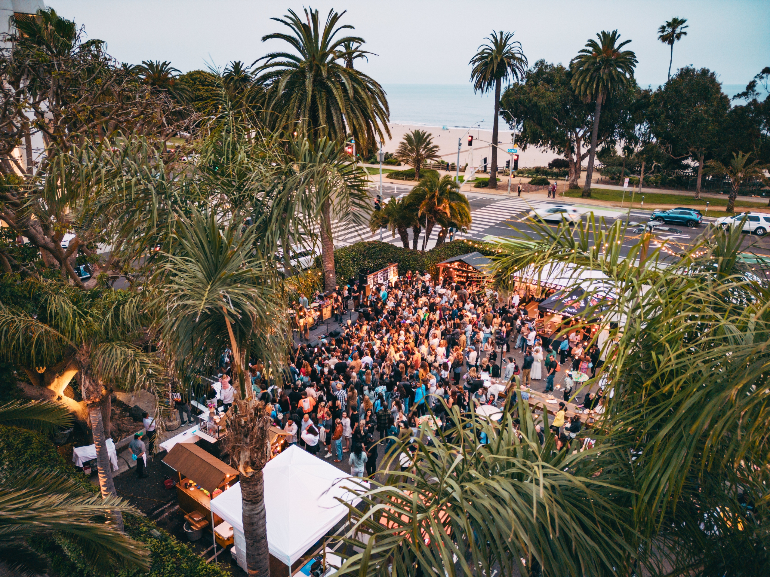 an overhead shot of a crowd and sunset