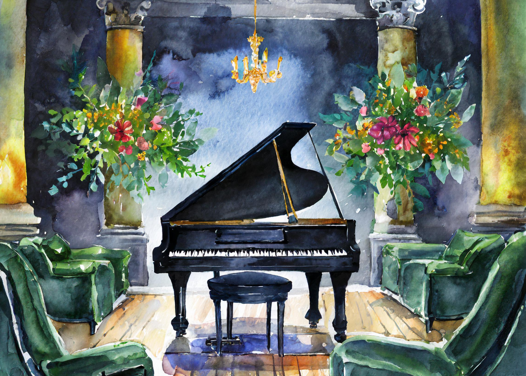 a piano watercolor drawing